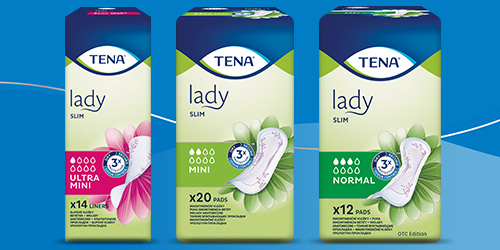 Vložky TENA Lady Slim – snímek čtyř  balení výrobků Vložky TENA Lady Slim – snímek čtyř  balení výrobků
